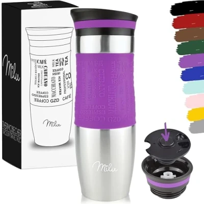 Abbildung von Milu Thermobecher Kaffee to go 370ml, 450ml Isolierbecher Kaffeebecher 100% Auslaufsicher Trinkbecher aus Edelstahl Autobecher doppelwand Isolierung Travel Mug (Violett, 450ml)