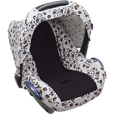 Abbildung von Original Dooky Seat Cover Schonbezug Little Leopard für Babyschale Universalgröße geeignet 3 und 5 Punkt Gurtsystem Autositz, Altersgruppe 0+, weiss/gelb/schwarz