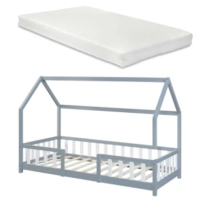 Abbildung von [en.casa] Kinderbett Sisimiut mit Matratze 90 x 200 cm Hausbett Rausfallschutz Holzbett für Kinder Bodenbett Lattenrost Kiefernholz Hellgrau Weiß