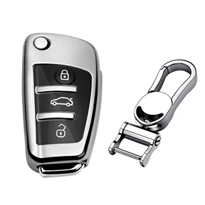 Abbildung von M.JVisun TPU Weich Autoschlüssel Fall für Audi A1 A3 A4 A6 A8 Quattro Q2 Q3 Q7 R8 RS3 RS6 S3 S6 TT TTS Silikon Schlüssel Hülle Glänzend Silber Metall Schlüsselbund