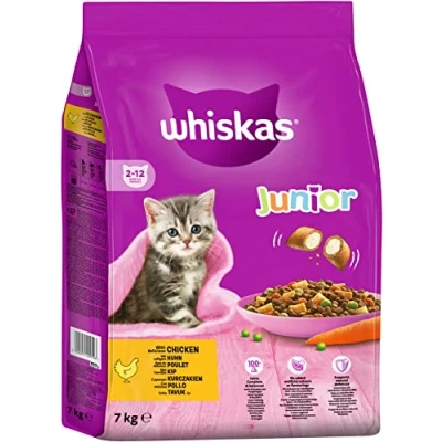 Abbildung von Whiskas Junior Trockenfutter Huhn, 7kg (1 Packung) Katzentrockenfutter für heranwachsende Katzen Extra kleine Kibbles Kätzchen (2 12 Monate) unterschiedliche Produktverpackungen erhältlich