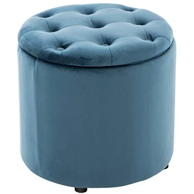 Abbildung von CLP Sitzhocker Pantin Samt I Polsterhocker Mit Stauraum Gesteppter Hocker Zierknöpfen Runder Gepolstert, Farbe:blau