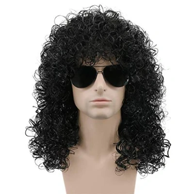 Abbildung von karlery 70er 80er Jahre Rocker Vokuhila Afro Perücke Herren Lang Lockige Schwarz Männer Halloween Party Kostüm