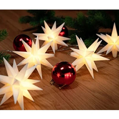 Abbildung von 3D Leuchtstern Lichterkette mit 10 LED Sternen, ca. 6,75m + Zuleitung, für Innenbereich und Außenbereich, warm weiß beleuchtet, Timerfunktion (weiß, 10er Stern (Netzstecker))