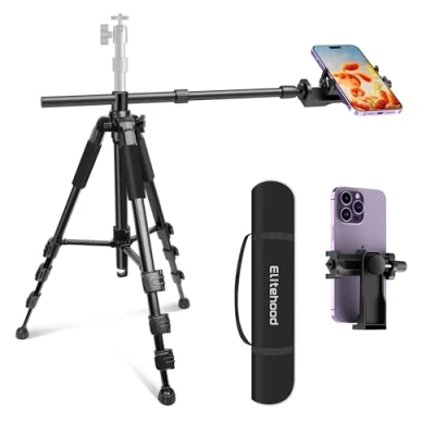 Abbildung von Elitehood Overhead Stativ Handy, 180 cm Horizontal iPhone mit 360 Verstellbarem Kugelkopf, Hoher Tripod für Videoaufnahmen 63.5cm Lang Arm Tragetasche/Cliphalterung