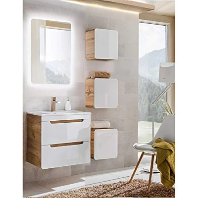 Abbildung von Lomadox Badezimmermöbel Set Hochglanz weiß mit Wotan Eiche Nb., Waschtisch 61 cm Unterschrank &amp; LED Spiegel, 3 Hängeschränke