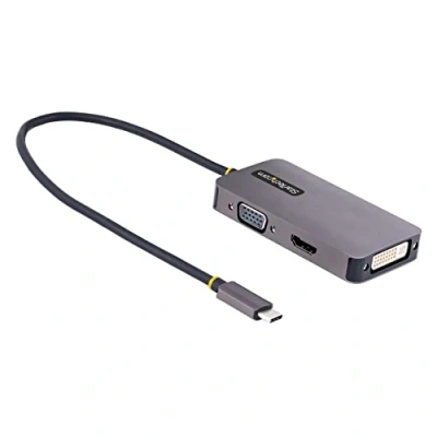 Abbildung von StarTech.com USB C Video Adapter, auf HDMI DVI VGA bis zu 4K 60Hz, Aluminium, Multiport Bildschirmadapter, Thunderbolt 3 &amp; 4 kompatibel, Typ Reiseadapter (118 USBC VGADVI)
