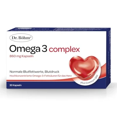 Abbildung von Dr. Böhm Omega 3 complex: Für Herz, Gehirn und normale Blutfettwerte (Triglyceride), mit hochdosierten Fettsäuren &amp; Coenzym Q10, 30 Kapseln