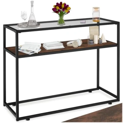 Abbildung von tectake Konsolentisch mit Glasoberfläche, 100 x 41 80,5 cm, Tisch 2 Ablagen, Industrie Stil, Beistelltisch für Wohnzimmer Flur, Holz, schwarzes Metallgestell (Industrial Dunkelbraun)