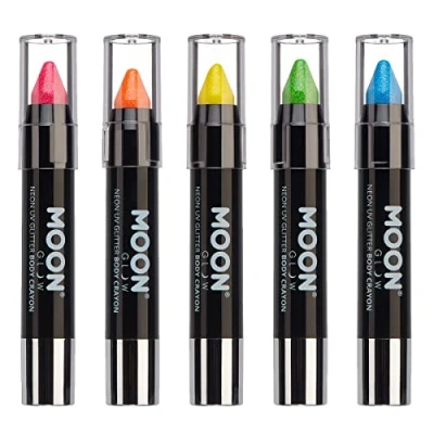 Abbildung von Moon Glow, Neon UV Glitzer Gesichtsmalstift/Körperkreiden Make up für Gesicht und Körper, leuchtet hell unter Beleuchtung (5 Stück (1 Stück))