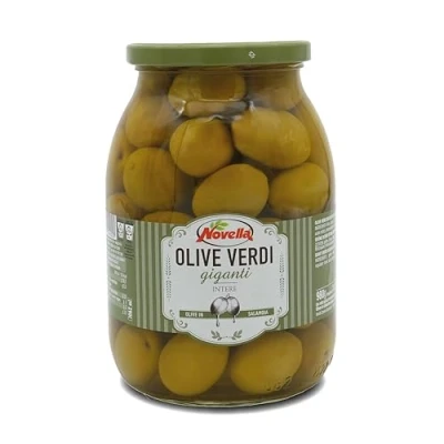 Abbildung von Novella OLIVE VERDI GIGANTI grüne Oliven in Salzlake Feinkost mit Stein Perfekt für Antipasti 600g