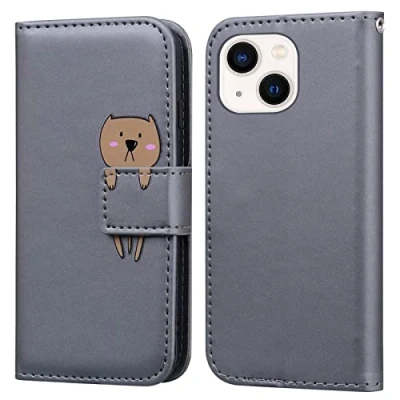 Abbildung von Bartern Handyhülle für Apple iPhone 13 Mini,iPhone Mini Hülle,Karikatur Bärin PU Leder Klappbar Wallet Schutzhülle Tasche Klapphülle mit Magnetisch Kartenfach Standfunktion,Grau