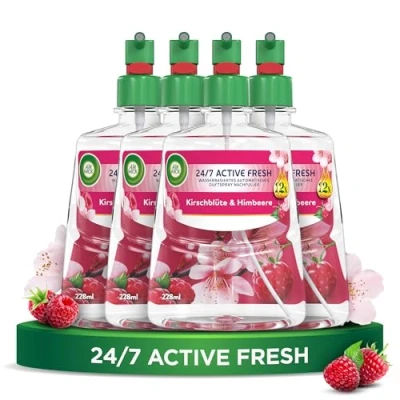 Abbildung von Air Wick Active Fresh Aeorosolfreier, automatischer Lufterfrischer Raumduft Kirschblüte &amp; Himbeere 4 x 228 ml Nachfüller