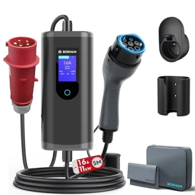 Abbildung von bokman Typ 2 Ladekabel mit CEE Stecker, 5 Meter 6 16A 11kW 3 Phasig IP65 Wasserdicht, Tragbares EV Ladegerät und Mobile Wallbox Ladestation für IEC 62196 Tragetasche &amp; Mikrofaserhandtuch
