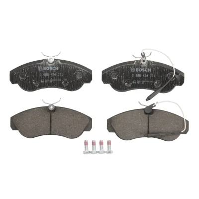 Abbildung von BOSCH 0 986 424 031 Bremsbelagsatz Low Metallic mit integriertem Verschleißsensor Anti Quietsch Blech, Schrauben Zubehör