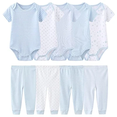 Abbildung von Chamie Baby Bodys Kurzarm Hose Bekleidungsset für Neugeborene Jungen und Mädchen Baumwolle Blau 0 3 Monate