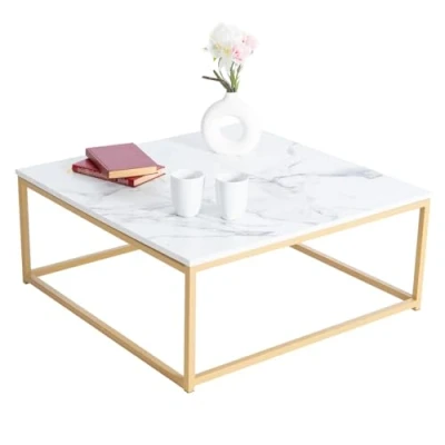 Abbildung von MEUBLE COSY Couchtisch mit Marmor Optik Wohnzimmertisch Eckig Sofatisch Stahlgestell Beistelltisch, Weiß + Goldfarben, 80x80x34cm