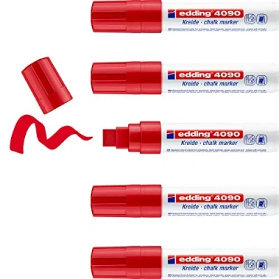 Abbildung von edding 4090 Kreidemarker rot 5 Kreidestifte Keilspitze 4 15 mm breiter Kreidestift für Tafel abwischbar zum Beschriften von Fenster, Glas, Spiegel Tafelstift mit deckenden Farben