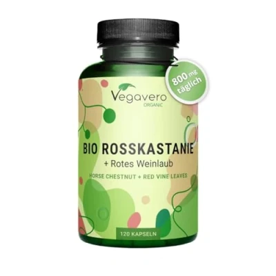 Abbildung von Rosskastanienextrakt Vegavero® 100% Bio 800 mg Extrakt mit Weinlaub &amp; Acerola Vitamin C Preis Leistungssieger 2024* Aescin Polyphenole 120 Venen Kapseln Vegan Ohne Zusätze