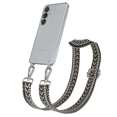 Abbildung von EAZY CASE Handykette mit verstellbarem Trageriemen für Galaxy S25 Taschengurt zum Wechseln transparenter Handyhülle Hülle dünner Schulterriemen in Grau Schwarz Silber