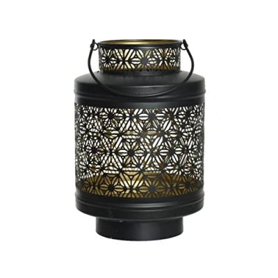 Abbildung von Decoris Windlicht Laterne 22cm Metall Kerzenhalter mit Henkel Orientalische Kerzenlaterne rund schwarz Gold