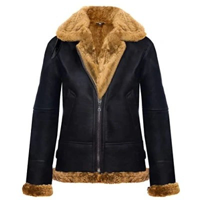 Abbildung von Infinity Leather Damen Kapuzenjacke Aus Schaffell B3 Braunes Sahne Leder Flieger Pilot XS