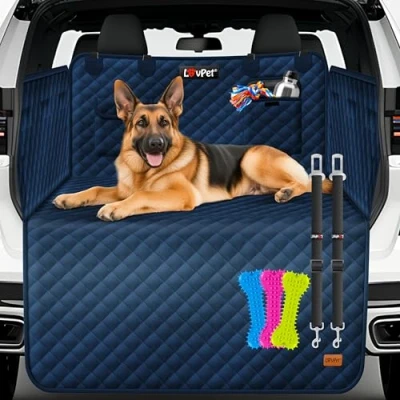 Abbildung von Lovpet Kofferraumschutz mit Seiten und Ladekantenschutz Hundedecke für Auto Rückbank Sichtfenster &amp; Zubehör Hunde Autodecke Premium Wasserdicht Kratzfest Universal einsetzbar Navyblau