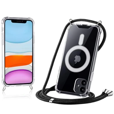 Abbildung von JProtect Magnetische Handykette für iPhone 11 Magsafe Hülle/iPhone Hülle mit Band zum Umhängen Schwarz Kordel/Kette Handyhülle Magnet