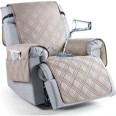 Abbildung von LINGKY Sesselschoner für Fernsehsessel, 100% Wasserdicht 1 Sitzer Sesselschoner, Anti Rutsch Sesselauflage Relax mit Taschen Waschbar Sessel Überwürf Sesselbezug (Creme,1 Sitzer)