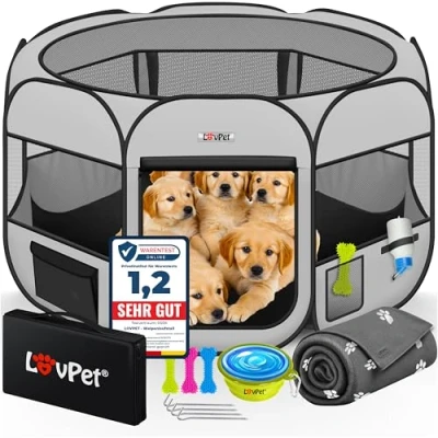 Abbildung von LOVPET® Welpenlaufstall Tierlaufstall Faltbar für Kleintiere Hunde, Katzen Inkl. Hundenapf und Fleece Decke Hundelaufstall Freigehege Oxfordgewebe Pop up System Indoor &amp; Outdoor, Hellgrau/Schwarz
