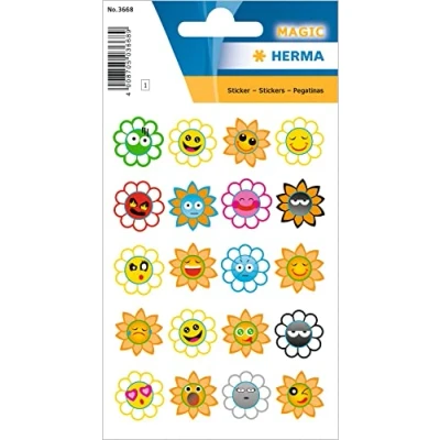 Abbildung von HERMA 3668 Aufkleber Smiley Blumen klein groß, 20 Stück, Belohnung Sticker mit lustigen Emoji Gesicht Motiv, Kinder Etiketten für Schule Grundschule Schüler Tagebuch Scrapbooking Geburtstag Deko DIY