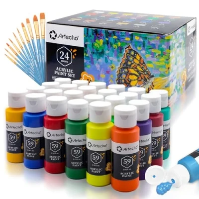 Abbildung von Artecho Acrylfarben Set 24 x 59ml mit 10 teiligem Pinsel, Wasserfest und Lichtecht, Ungiftig, Acrylic Paint Set, Ideal für Leinwand, Papier Stoffe, Geeignet Anfänger Profis