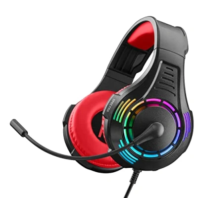 Abbildung von NITHO Spectra Over Ear Gaming Headset für PC/PS4/PS5/Xbox One/Xbox Series XS/Tablet/Mobile, Hochklappbares Mikrofon, Multi Effekte RGB Licht Rot