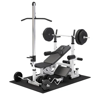 Abbildung von GORILLA SPORTS Multipresse Verstellbare Hantelablage, Latzugturm, Butterfly, Curlpult, Beincurler