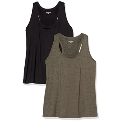 Abbildung von Amazon Essentials Damen Leichtes Racerback Tanktop Aus Schnelltrocknendem Funktionsstretch (Auch In Plus Size Erhältlich), 2er Pack, Olivgrüner Weltraumfarbstoff/Schwarz, L