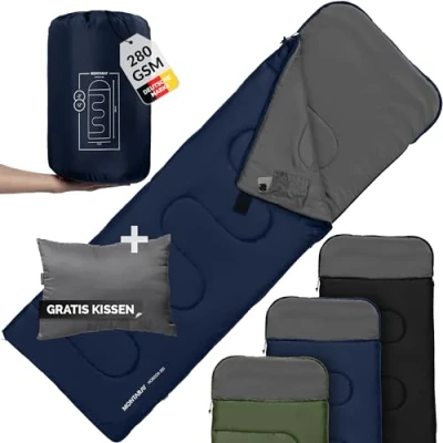 Abbildung von MONTARAY Deckenschlafsack mit Kapuze bis 5C INKL. Kissen Outdoor Winter Schlafsack &amp; Sommer 280GSM 3 4 Jahreszeiten Hütten Damen Herren Sleeping Bag warm, Ultra leicht