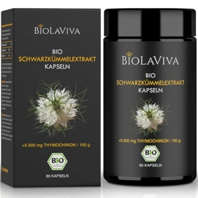 Abbildung von BIO Schwarzkümmelöl Kapseln 5.000mg Thymochinon/100g 60 vegan im 2 Monats Vorrat Lichtschutz MIRON Violettglas Nigella Sativa Extrakt laborgeprüft und in Deutschland produziert