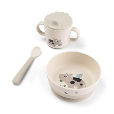Abbildung von Done by Deer Foodie first meal Geschirrset Tiny farm Beige Praktische kindergeschirr baby löffel, Schüssel mit saugnapf und Trinkbecher, 100% PP in Lebensmittelqualität rutschfestem TPE