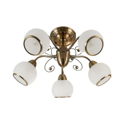 Abbildung von Lindby Deckenleuchte Corentin, dimmbar, Leuchtmittel nicht inklusive, Antik, Glas, Metall, weiß satiniert, altmessing, 5 flammig, E14