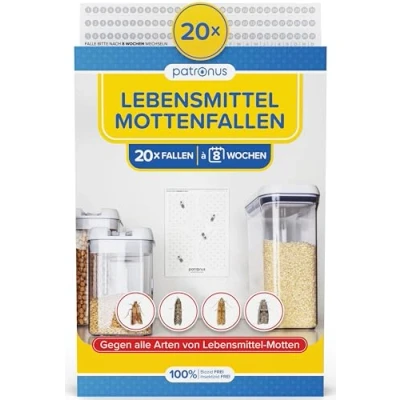 Abbildung von Lebensmittelmotten Falle [20 Stück] Mottenfalle gegen Lebensmittel Motten mit maximaler Lockwirkung Pheromonfalle Hochleistungs Leim zur Befallsermittlung