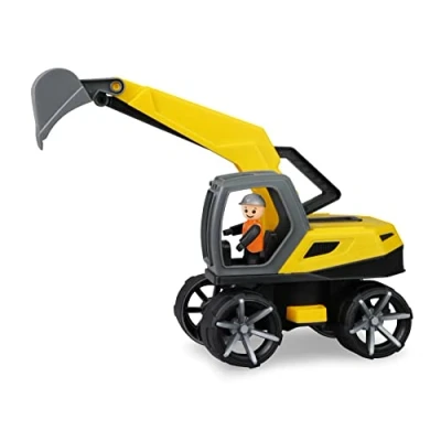Abbildung von Lena 04531 TRUXX² Bagger, Baustellenfahrzeug ca. 35 cm, robuster Schaufelbagger mit funktionstüchtiger Schaufel und vollbeweglicher Spielfigur, für Kinder ab 2 Jahre, Sandbagger gelb