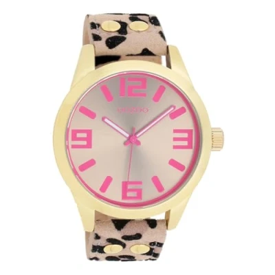 Abbildung von OOZOO Quarzuhr Damenuhr C1099 IP Gold Taupe Pink Animalprint Lederband 46 mm, Quarz Uhr für Damen mit trendigem Design und langlebigem Lederarmband