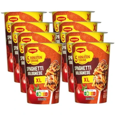 Abbildung von MAGGI 5 Minuten Terrine XL Spaghetti Bolognese, leckeres Fertiggericht, Instant Nudeln, mit Hackfleisch, 8er Pack (8 x 81g)