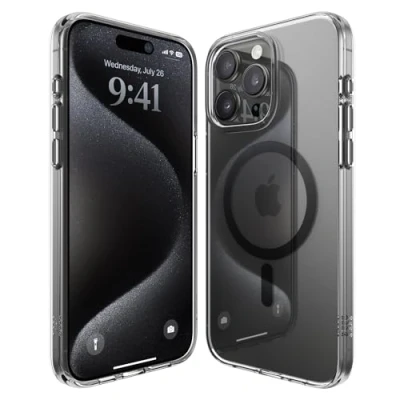 Abbildung von elago Magnetische Hybrid Transparent Hülle Kompatibel mit iPhone 15 Pro Max Hülle, MagSafe, PC+TPU Technologie, US Military Grade Fallschutz, Reduzierte Vergilbung (Schwarz)