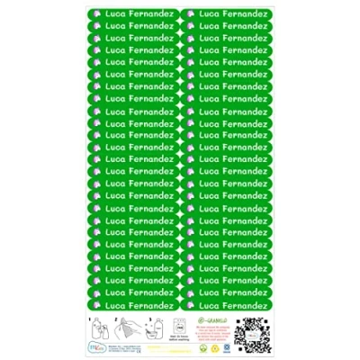 Abbildung von 50 personalisierte Klebeetiketten mit Namen zum Markieren von Gegenständen, Büchern, Spielzeug, Tuppern etc., ideal für Kinder in Schule und Kindergarten. Wasserdichte Aufkleber 6 x 1 cm