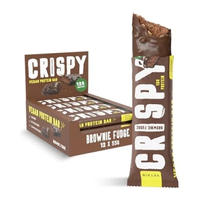 Abbildung von Vetain Proteinriegel vegan CRISPY BROWNIE 12x 55g schokoladiger, knuspriger Eiweißriegel High Protein, frei von Sucralose oder Maltit low Sugar &amp; sojafrei bestens verträglich