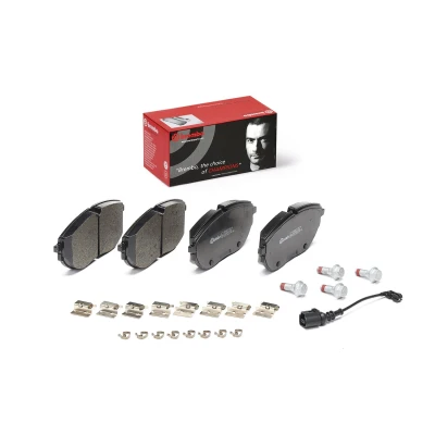 Abbildung von BREMBO P 85 188 Bremsbelagsatz inkl. Verschleißwarnkontakt mit Bremssattelschrauben, Anti Quietsch Blech Zubehör VOLKSWAGEN: California T6 Bus