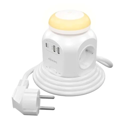Abbildung von AISENS ASPS 2A1CLPQ02 W Multifunktions Steckdosenleiste mit 4 Steckdosen + 1Xusb C 20 Pd3.0, 2Xusb A 18 Qc3.0, Nachtlicht, 1,8 m, Weiß