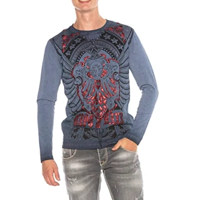 Abbildung von Cipo &amp; Baxx Herren Longsleeve Langarmshirt Sweatshirt Pullover Sweater Mix mit Print Indigo L