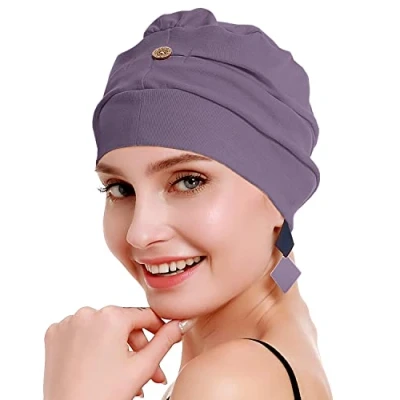 Abbildung von osvyo Baumwolle Chemo Kopfbedeckung für Damen Krebs Haarausfall Hut Leichte Versiegelte Verpackung LILA GRAU